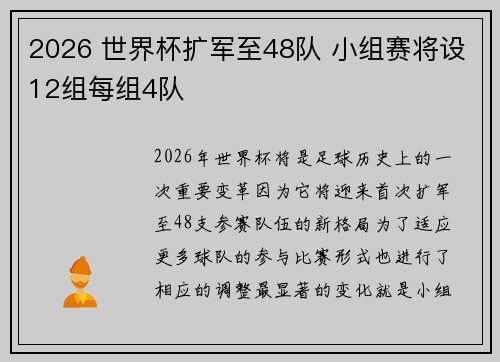 2026 世界杯扩军至48队 小组赛将设12组每组4队